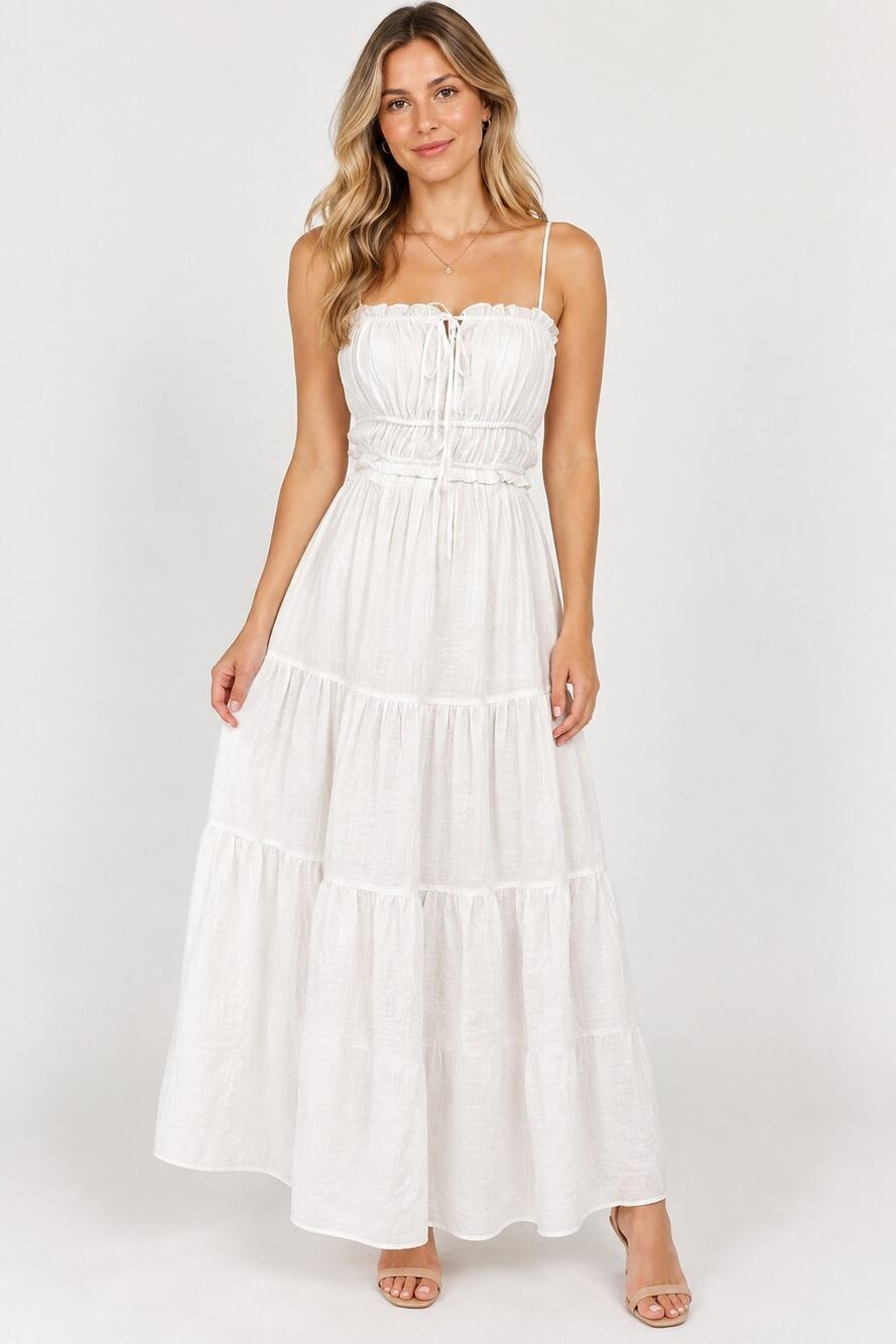 12th Tribe White Smocked Tiered Sleeveless Maxi Dress XS